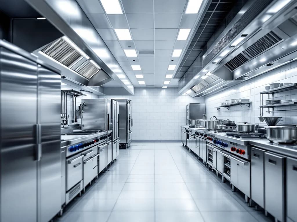 Cocina profesional de hostelería con equipamiento en acero inoxidable — imagen ilustrativa